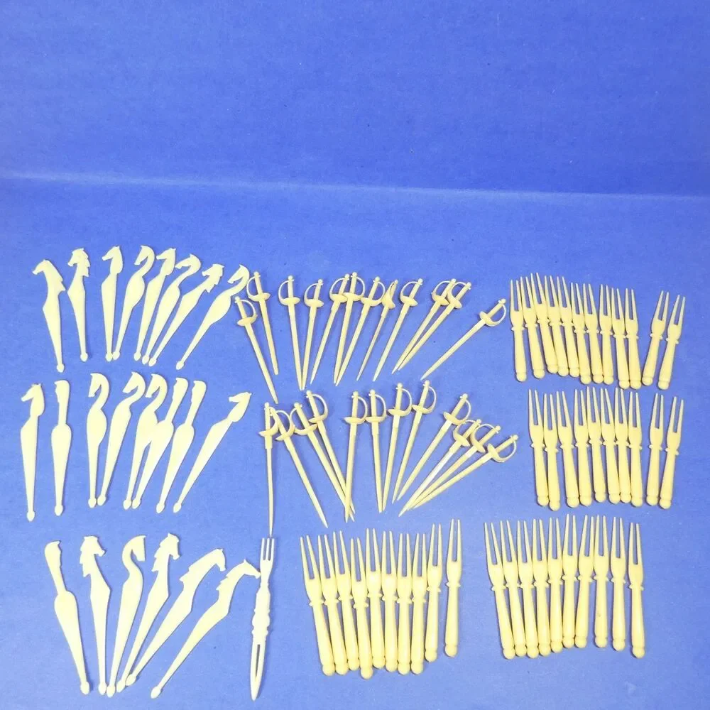 Lot 89 Cocktail Picks Ivory Plastic Forks Swords Horses Vintage Hong Kong MCM